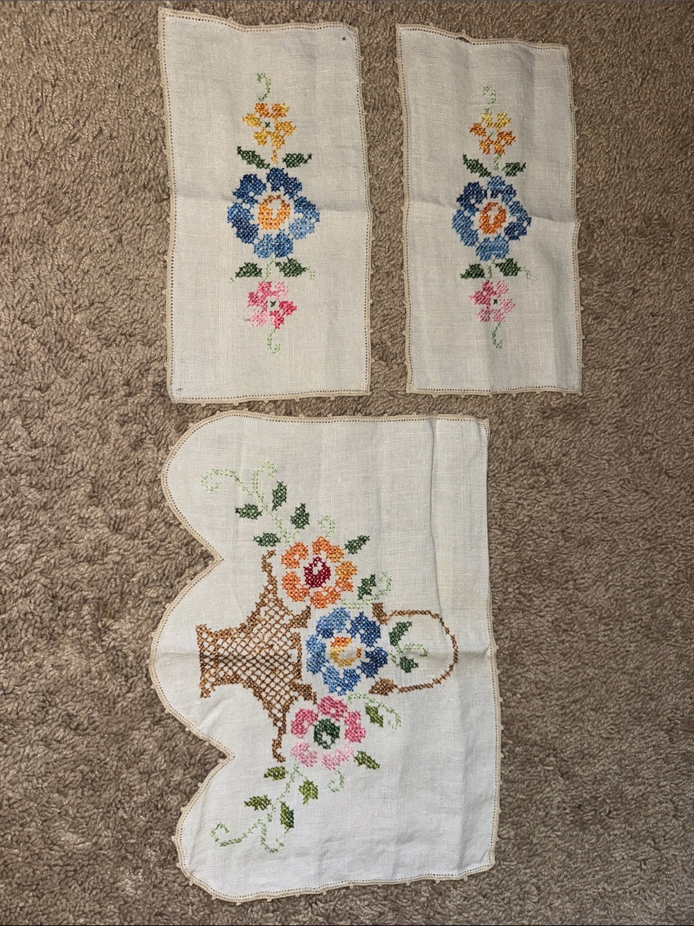 Crossstitch Hand-made Floral Linen Doily 3 piece Set - Blue, Pink, Orange